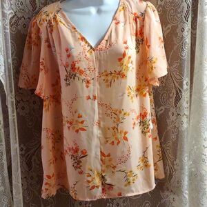 New Liz Claiborne Women's‎ Size L peach orange green floral top 100% polyester